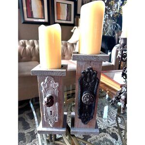 Rustic Farmhouse Wood Pillar Votive Country Cottage Candle Holder Set